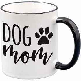 Cana alba din ceramica, cu toarta neagra, cu mesaj pentru iubitorii de caini, Dog Mom, model 2, 330 ml