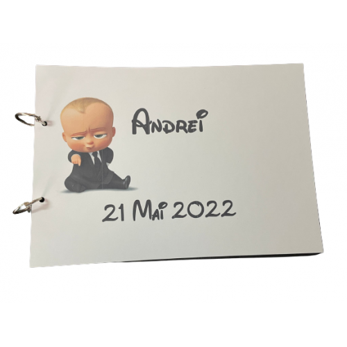 Album de amintiri, guestbook personalizat pentru botez, coperta si foi din carton, pagini negre, 20de pagini, A4, model Baby Boss