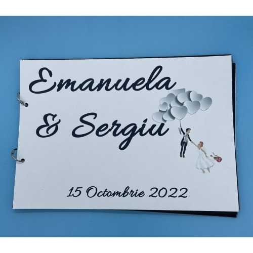Album de amintiri, guestbook personalizat pentru nunta, coperta si foi din carton, pagini negre, 30 de pagini, A4, model Baloane cu inimi