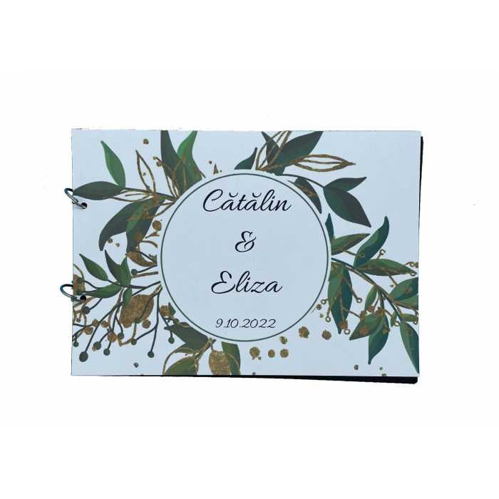 Album de amintiri, guestbook personalizat pentru nunta, coperta si foi din carton, pagini negre, 20 de pagini, A4, model Frunze verzi-aurii Album de amintiri, guestbook personalizat pentru nunta, coperta si foi din carton, pagini negre, 20 de pagini, A4, model Frunze verzi-aurii