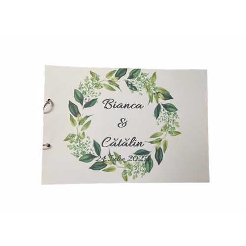 Album de amintiri, guestbook personalizat pentru nunta, coperta si foi din carton, pagini negre, 30 de pagini, A4, model Frunze verzi