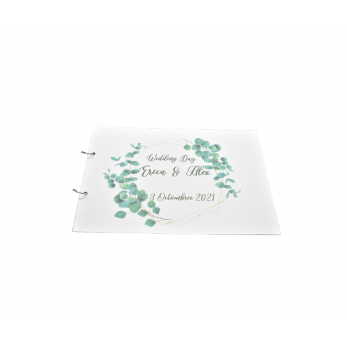 Album de amintiri, guestbook personalizat pentru nunta, coperta si foi din carton, pagini negre, 30 de pagini, A4, model Greenery