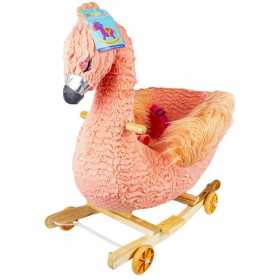 Balansoar cu rotile, din lemn si plus pentru bebelusi, emite sunete muzicale, Flamingo, 66 cm