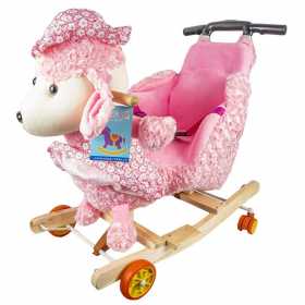 Balansoar cu rotile, din lemn si plus pentru bebelusi, emite sunete muzicale, Catelus roz, 58 x 34 x 58 cm