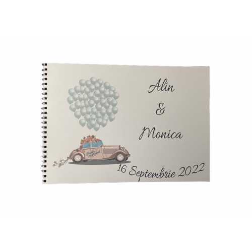 Album de amintiri, guestbook personalizat pentru nunta, coperta si foi din carton, pagini negre, 30 de pagini, A4, model masina cu baloane