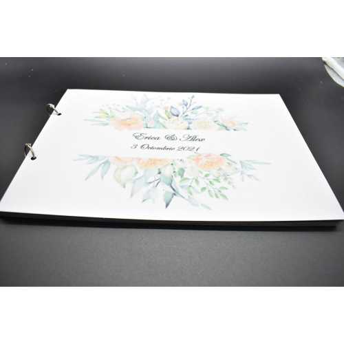 Album de amintiri, guestbook personalizat pentru nunta, coperta si foi din carton, pagini negre, 30 de pagini, A4, model floral