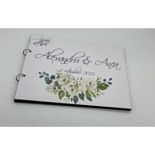 Album de amintiri, guestbook personalizat pentru nunta, coperta si foi din carton, pagini negre, 20 de pagini, A4, model Trandafiri albi